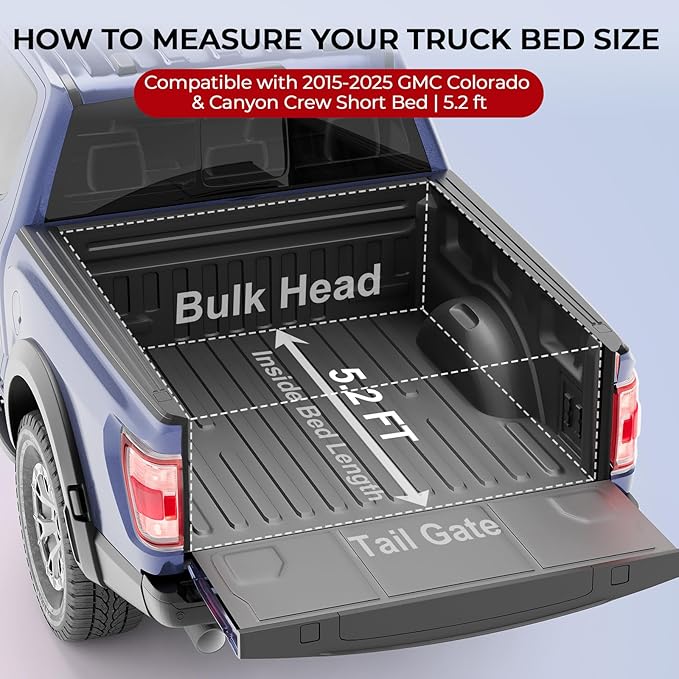 FPR Hard Tri Fold Truck Bed Cover Fits for 15-25 GMC/Chevy Canyon/Colorado Crew SHOR 5.2FT ShoR Bed Heavy-Duty Lock Hard Folding Drill-Free Tonneau Cover Waterproof Fiberglass Design