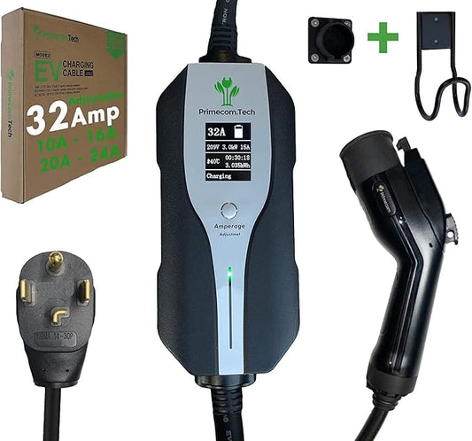 Primecom.Tech Level 2 Electric Vehicle (EV) Charger Amperage Adjustable (10Amp - 16Amp - 20Amp - 24Amp - 32Amp) 30Ft Cable EVSE Plug-in Hybrid (40 FT, 14-30P)