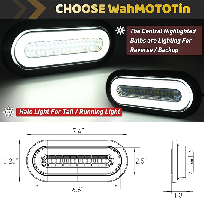 2Pcs 6" inch Smoked Lens Oval White 52 LEDs Trailer Boat Halo Reverse Back up Tail Lights【Patented】 w/Rubber Grommet, Sealed Submersible IP67 for Truck/RV/Van, DC 12V