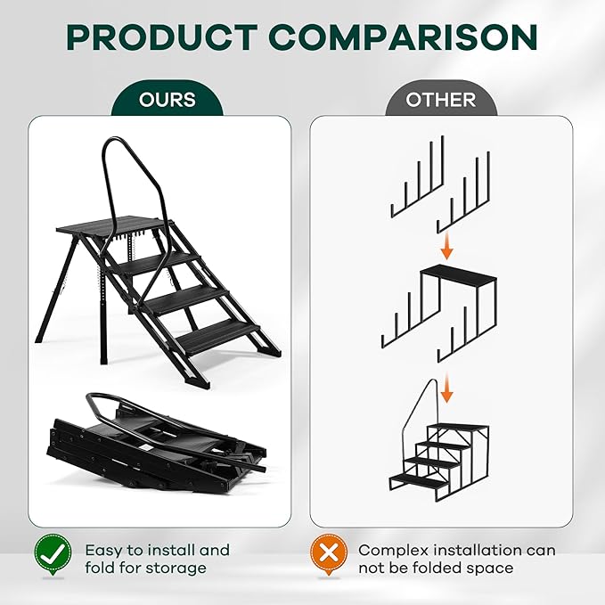 RV Steps Foldable, Aluminum Portable 4 Step Camper Steps with Handrail Adjustable Height with Non Slip Feets for 5th Wheel RV, Travel Trailer, Home, Camper, Spa, Hot Tub Steps, and Porch