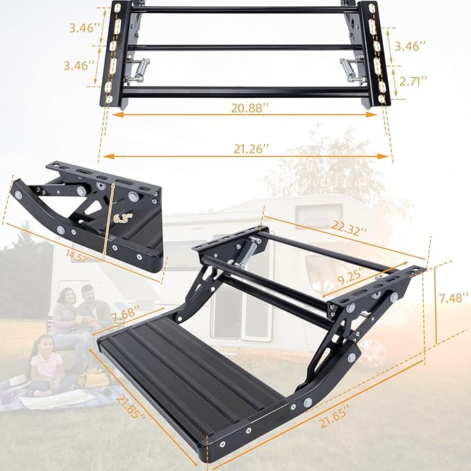 RV Step, 1-Step, Manual Foldable RV Steps, 400 LBS Load Capacity, Retractable Aluminum Alloy Camper Steps, Thickened Steel Plate Trailer Steps, Non-Slip Design, Ideal for RV, Trailer, Camper, Black