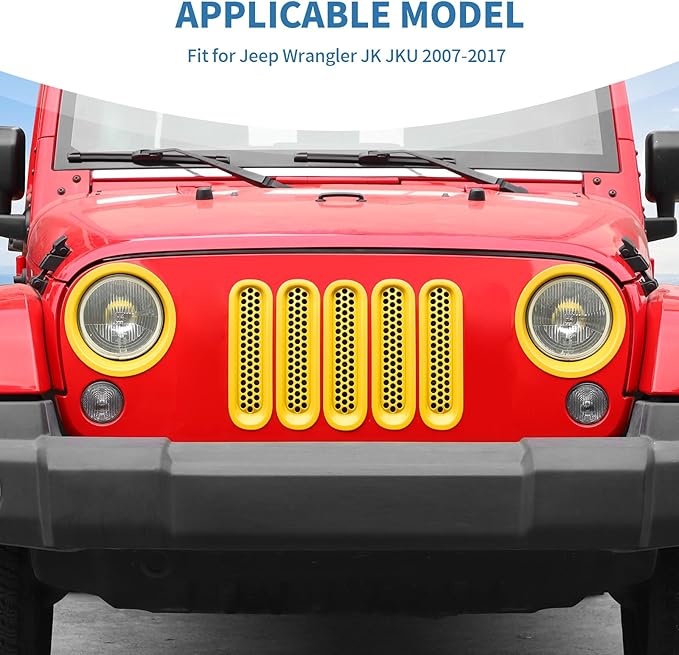 for Jeep JK Front Grille Inserts & Headlight Cover Trim Ring for Jeep Wrangler JK JKU 2007-2017 Yellow Exterior Accessories 9pcs