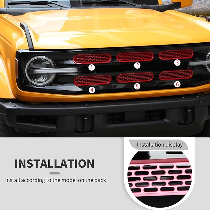 Jimen Compatible with Ford Bronco 2021-2023, 6PCS Front Grille Inserts Mesh Grill Cover Exterior Trim Accessories (Red)