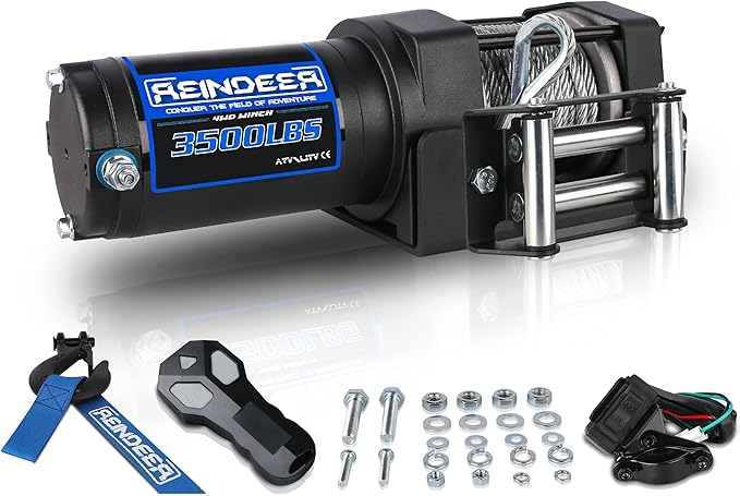 REINDEER New 12V Winch 3500 lb Load Capacity Electric Winch Kit for ATV UTV Steel Cable Wire Rope with Hawse Fairlead Waterproof IP67 with Wireless Remotes