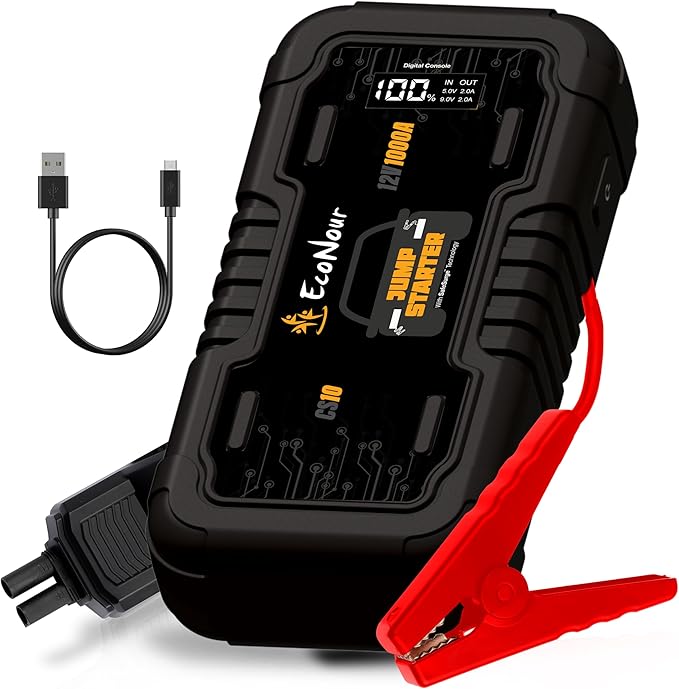 EcoNour Car Battery Jump Starter | 1600A Peak | Portable Jump Starter for Car with LED Light & Charger Cable | Battery Jumper Ideal Up to 7L Gas/5L Diesel Engines | Compatible with Ford, Honda, Toyota
