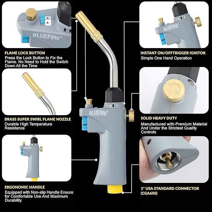 BLUEFIRE BTS-8090 Propane Torch Trigger Start Heavy Duty Gas Welding Head Adjustable Swirl Flame Hand Blow Torch Hold Portable Fuel by MAPP/MAP Pro/Propane Bottle Tank (Torch with MAPP Cylinder)
