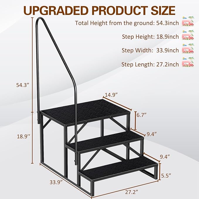 RV Steps, Hot Tub Steps with Handrail, 3 Step Stool Ladder, Anti-Slip RV Stairs Outdoor for Safety in and Out of RV, Camper, Mobile Home, Spa