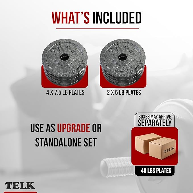 TELK – Adjustable Dumbbell Set – Home Gym Weight Set with Baked Enamel Cast Iron Plates – Space-Saving Free Weights for Strength Training
