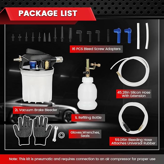 WNZ 2.1Qt Brake Bleeder Vacuum Pump Kit,Universal One Person Pneumatic Brake Fluid Bleeder Kit with 1Qt Refilling Bottle & 18pc Adapters for Automotive Bleeding