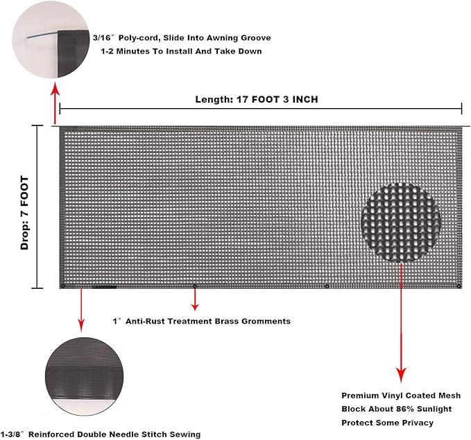 Tentproinc RV Awning Sun Shade Screen 7' X 17' 3'' (Fit for 18' Awning) Mesh Sunshade for RV Awning Sunscreen Motorhome Camping Trailer Awning Screenshade Block UV Glare - 3 Year Warranty (Brown)