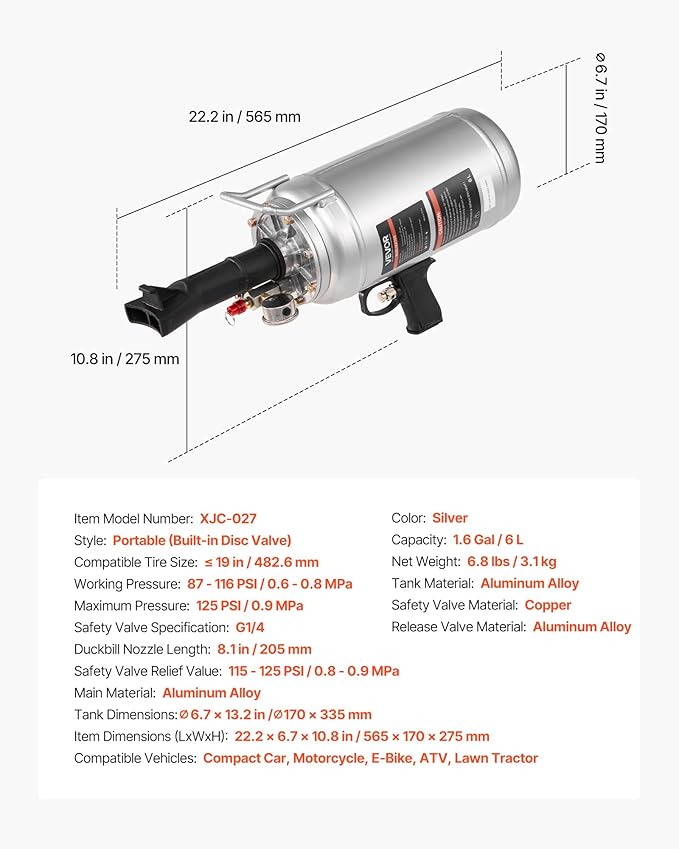 VEVOR Portable Tire Bead Seater, 1.6 Gal / 6 L Air Bead Blaster, Handheld Tire Inflator Tool, 87-116 PSI Operating Pressure, Trigger Seating Inflator for Car, Compact SUV, Light Truck, E-Bike, RV, ATV