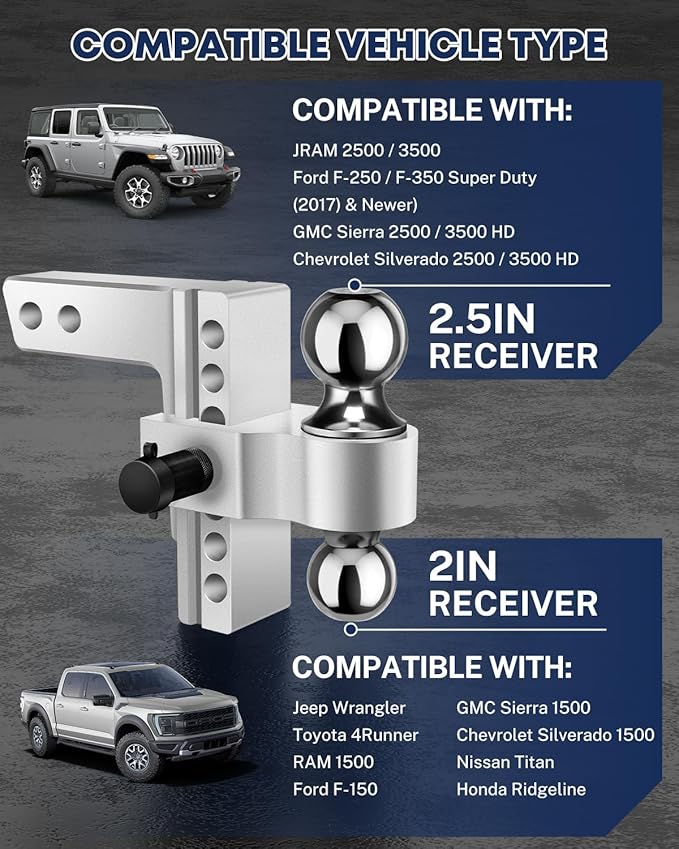 Kohree 6" Adjustable Trailer Hitch Kit Fit 2" & 2.5" Receiver, Drop Hitch with 3 Ball 1-7/8", 2", 2-5/16", 12500 LBS GTW Heavy Duty Tow Hitch with Anti-Theft Pins for Class III & IV Vehicles