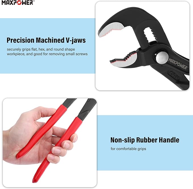 MAXPOWER 7" 10" 12" Water Pump Pliers Set, Quick Adjustment Push Button Locks Pliers, with Max Jaw Capacity 0.98" 1.4" 1.6"