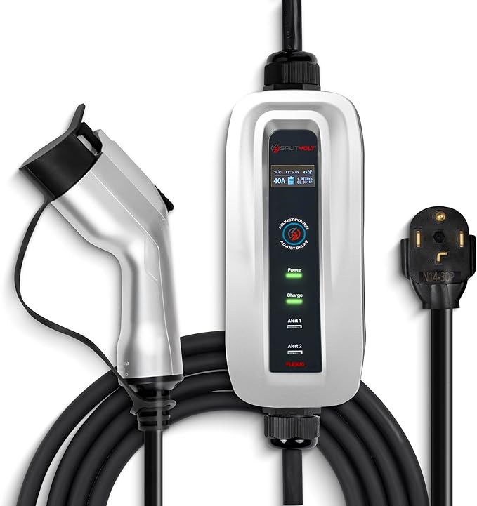 Splitvolt Level 2 Adjustable EV Charger (240v, 26 ft Cable, NEMA 14-30, Adjustable up to 24 Amps) Live LCD Screen Time Delay Start Function, NEC Fast 30A Circuit Charging J1772 Plug with Travel Bag