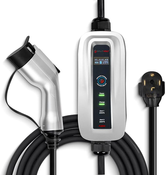 Splitvolt Level 2 Adjustable EV Charger (240v, 26 ft Cable, NEMA 14-30, Adjustable up to 24 Amps) Live LCD Screen Time Delay Start Function, NEC Fast 30A Circuit Charging J1772 Plug with Travel Bag