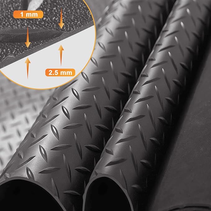 Boshen 7.5x17FT Garage Floor Mat, 2.5mm Thickened Diamond Plate PVC Rubber & Vinyl Flooring Roll, 127.5 SQFT Non-Slip Rubber Garage Mat for Floor Under Car Protection - Grey