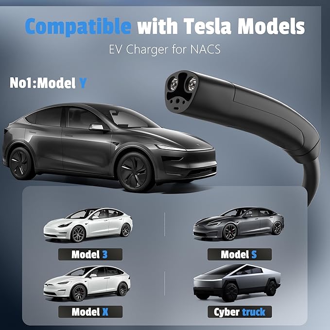 Level 2 Charger for with Tesla 40 Amp Without NACS Adapter, Portable EV Charger for with Tesla, Electric Car Chargers for Model Y/3/S/X, LCD Display & App Control(240V, NEMA14-50 Plug, 25+2FT Cable)
