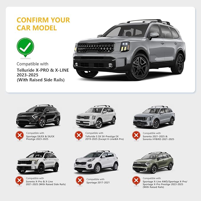 Roof Rack Cross Bars Compatible with Kia Telluride X-PRO & X-LINE 2023-2025 with Raised Side Rails, Heavy Duty 300 LBS Anti-Theft Lock Cargo Carrier Rooftop Crossbar for Bike, Snowboard, Luggage