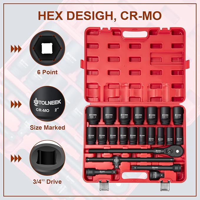3/4" Impact Socket Set, 22PCS 6-Point SAE Sizes (3/4" to 2"), Cr-Mo Steel Set with Adapters, Quick Release Ratchet Wrench, Andextension Rod & Durable Storage Case