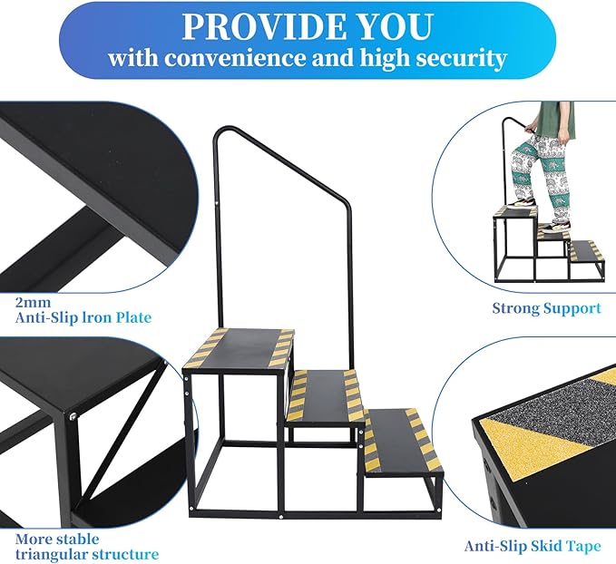 3-Steps RV Stairs with Handrail,Hot Tub Steps with Handrail 300LBS Load Capacity with Anti-Slip Skid Tape Portable Stairs for Travel Trailer,Mobile Home,Camper,Pool and Pet Stairs