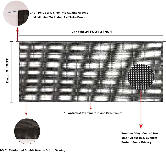 Tentproinc RV Awning Sun Shade Screen 9' X 21'3'' (fit for 22' Awning) Mesh Sunshade UV Blocker Complete Kits Motorhome Camping Trailer Awning Shadescreen Sunscreen - 3 Year Warranty (Black)
