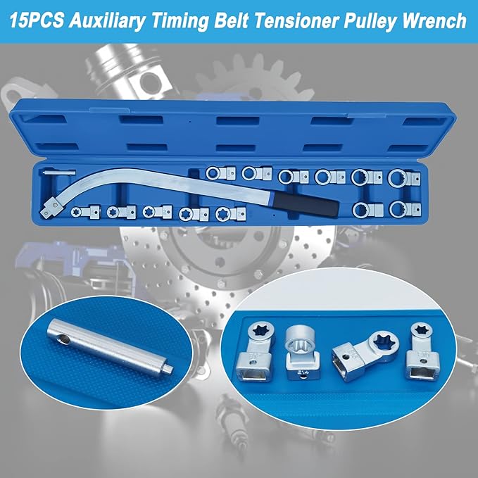 15PCS Auxiliary Timing Belt Tensioner Pulley Wrench Set 12-Point 12-19mm (0.47"-0.74") Torx E10 E12 E14 E16 E18, Universal Fit for Most Vehicle Types