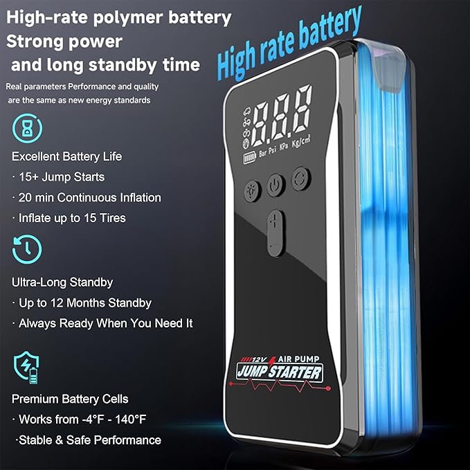 Car Battery Jump Starter with Air Compressor,2000A Peak Battery Jumper Starter Portable with 150PSI Tire Inflator, 12V Jumper Cables(9L Gas/8L Diesel) Jumpbox, LCD Display,LED Light, USB Quick Charge