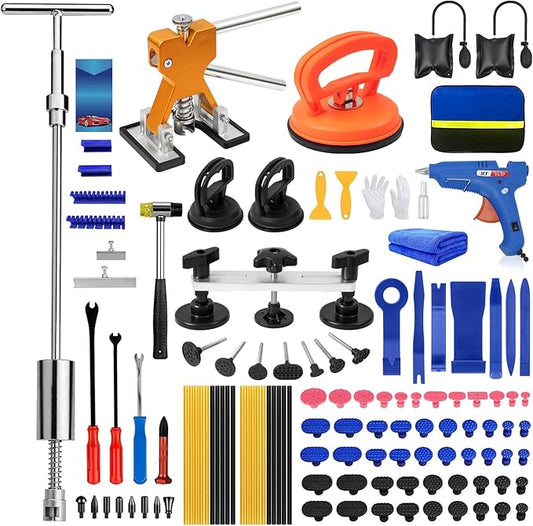 129pcs Dent Puller Kit, Dent Remover Tool for Car, Paintless Dent Removal Kit with T-Bar, Bridge Puller, Golden Lifter, Car Dent Puller Tool for Hail Damage Door Ding Fridge