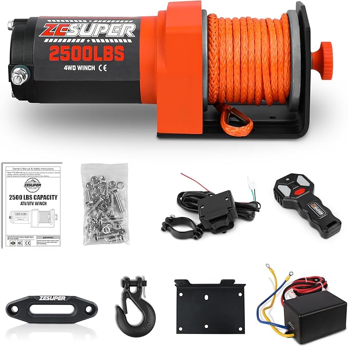ZESUPER 2500 lb 12V DC Electric Winch 30 ft Synthetic Rope Off Road Waterproof UTV ATV Boat Winch Kits with Wireless Remote,Handheld Switch