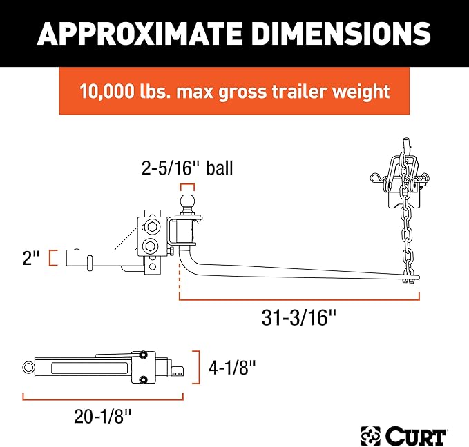 CURT 17062 Round Bar Weight Distribution Hitch with Integrated Lubrication and Sway Control, Up to 10K, 2-in Shank, 2-5/16-Inch Ball