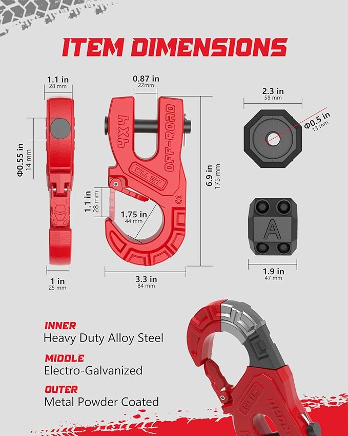 3/8" Tow Winch Hook with Cable Stopper, 10T Winch Hook, Upgrade Heavy Duty Forged Steel Winch Hook, 31967lbs Max Strength, Clevis Clip Hook Set for Synthetic Rope, Off-Road Vehicle, Red