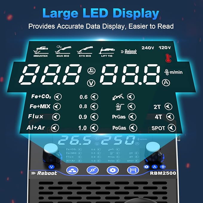 Reboot 250Amp MIG Welder 120V /240V RBM2500 PRO, 8-in-1 Multiprocess Welding Machine with Dual Aluminum Welding Modes, Gas MIG/Gasless MIG/MAG/Lift TIG/Stick/Spot/Spool Gun Compatible