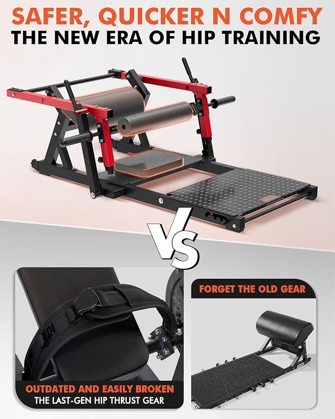 GMWD Hip Thrust Machine, 800LBS Plate-Loaded Glute Bridge Machine with Weight Holder, Heavy Duty Butt Exercise Equipment for Glute Muscles Building and Butt Shaping, Adjustable Footboard, Red