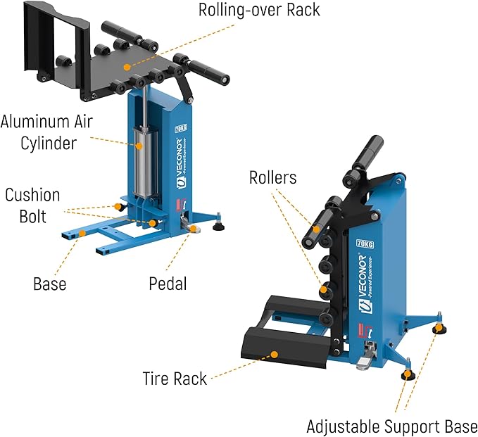 VECONOR Pneumatic Tire Lifter, for Tire Changer, Air-Powered Tire Lifting Machine, Wheel Lifter, with Rollers for Moving Tires onto Tire Changer, 90-Degree Flip Panel