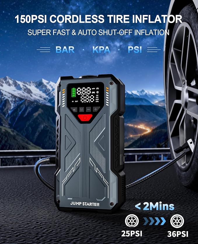 Jump Starter with Air Compressor, 4000A Car Jumper Starter Portable & 12V Car Battery Charger Jump Starter Power Pack with 150PSI Auto-Shutoff Tire Inflator, Jumper Box for 8.0L Gas/6.5L Diesel, QC3.0