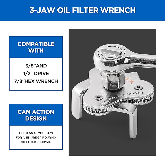 KZINO Oil Filter Removal Tool, Universal Oil Filter Wrench, Oil Filter Removal Tool Adjustable 2-1/2 to 4 inch & 3 to 5-1/2 inch, 1/2" Drive, Oil Filter Change Set (Flat)