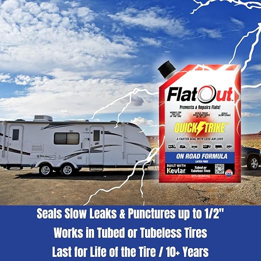 FlatOut QuickStrike Tire Sealant On Road Formula - Prevent Flat Tires, Seal Leaks, Contains Kevlar, 32-Ounce Bag, 2-Pack