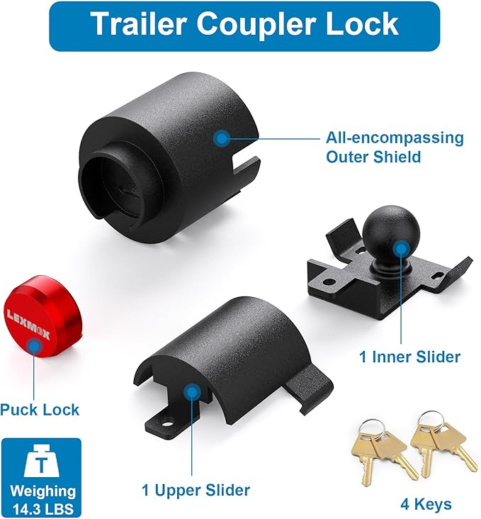 Trailer Hitch Lock 2 5/16" Heavy Duty Trailer Lock Fits Ball Hitch Coupler Tongue & Safety Chains Anti Theft Secure Design for RV, Dump Trailer, Boat, Cargo, Camper, Truck