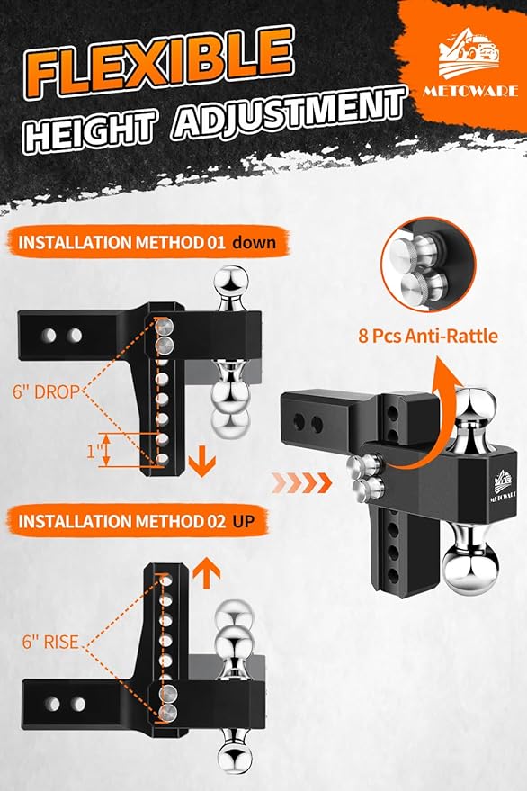 METOWARE Adjustable Trailer Hitch - Aluminum Tow Hitch Fits 2.5-Inch Receiver - Heavy Duty Drop Hitch with 6-Inch Drop/Rise for Truck (18,000 LBS GTW), Double Stainless Steel Locks & Hitch Pin (Black)