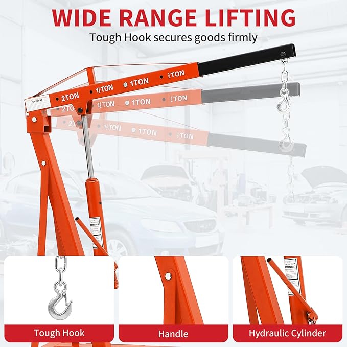 2-Ton Folding Engine Hoist Cherry Picker 4400 Lb Capacity Hydraulic Shop Crane with Telescoping Boom 6 Caster Wheels for Automotive Repair Garage Use Includes Hitch and Storage Stand Orange