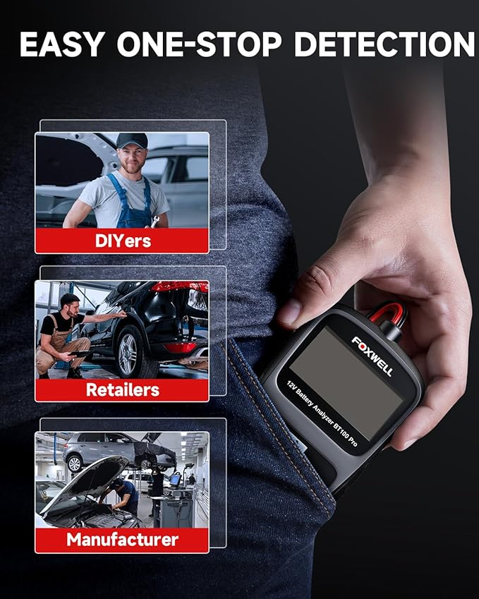 FOXWELL BT100 Pro 12V Car Battery Tester, Battery Load Tester, 100-1100CCA Automotive Alternator Tester Digital Auto Battery Analyzer for Car Truck Motorcycle SUV, Boat, RV, Marine & Pickup