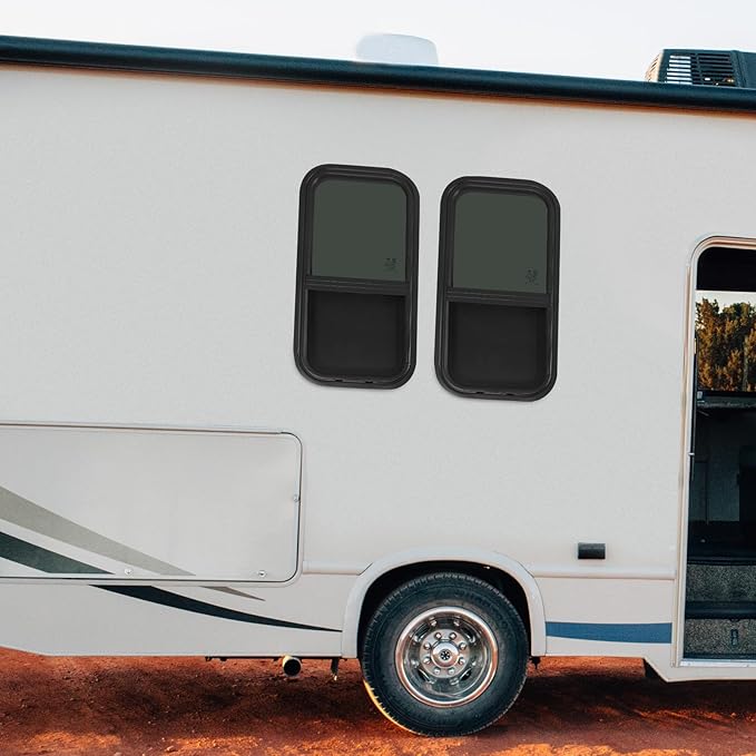 RV Window Teardrop Style 2Pack, 12" X 24" Universal RV Window Vertical Slide With 2 Trim Ring, Vertical Sliding Glass Window with Screen Window for Cargo, Horse Trailer (12" X 24" （2 pack）)