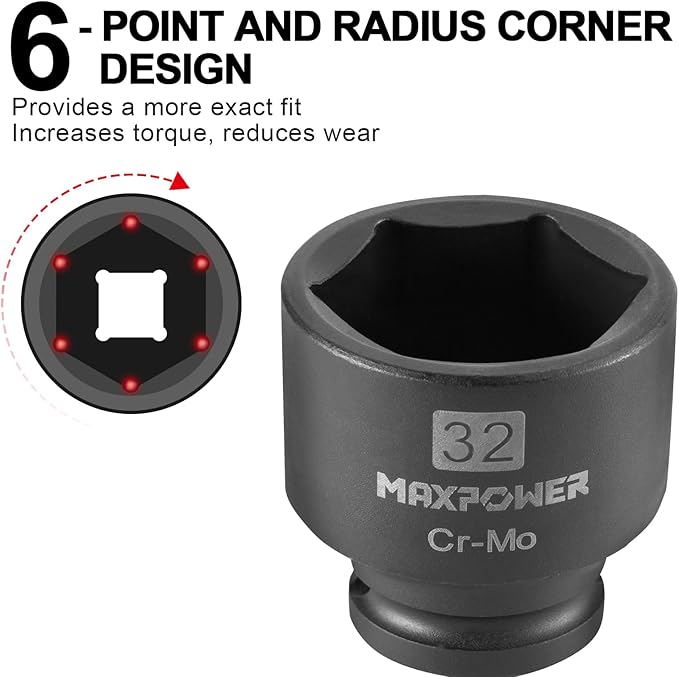MAXPOWER 1/2 Inch Drive 32mm Standard Impact Socket, Made with Heat-Treated Chrome Molybdenum Steel, 6-Point Design, Metric