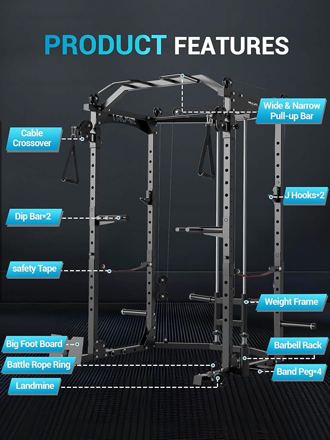 Power Cage, Multi-Functional Power Racks for Home Gym with Cable System, 1600LBS Weight Capacity Fitness Reality Squat Rack for Strength Workout with More Training Attachment,Black