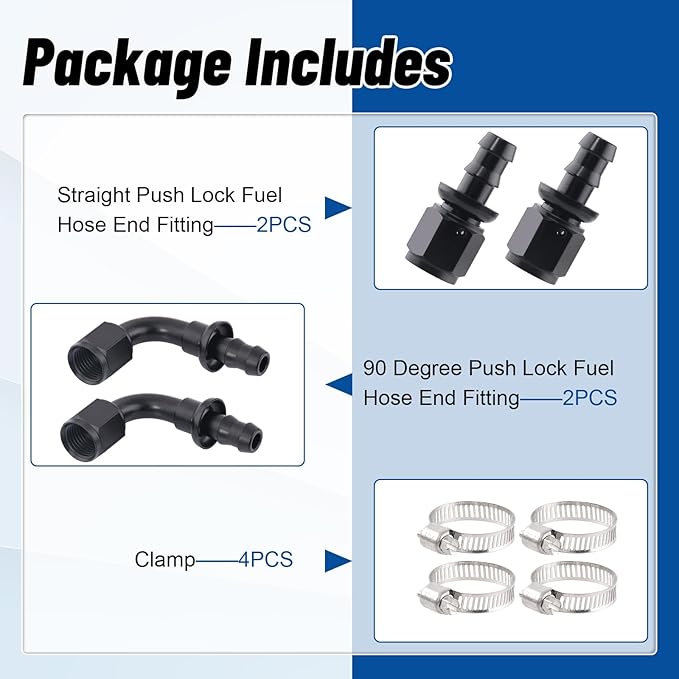 10AN Push Lock Hose Fitting End Kit Straight and 90 Degree Elbow Black Ends with Hose Clamps for Rubber Fuel Line 4PCS