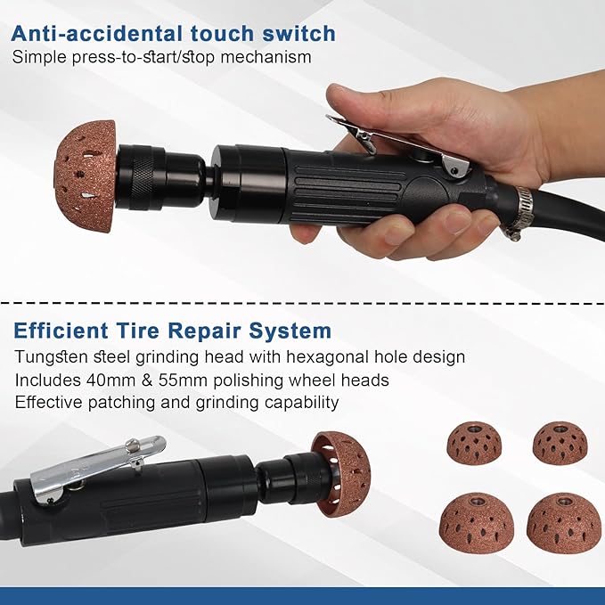 Air Tire Repair Polish Patch Kit Heavy Duty - Includes 2500RPM Air Tire Buffer, Tire Inner Liner Scraper, 4 Tungsten Steel Buffing Wheel, Patch Roller, & Wire Brush - Professional Tire Patch Tools