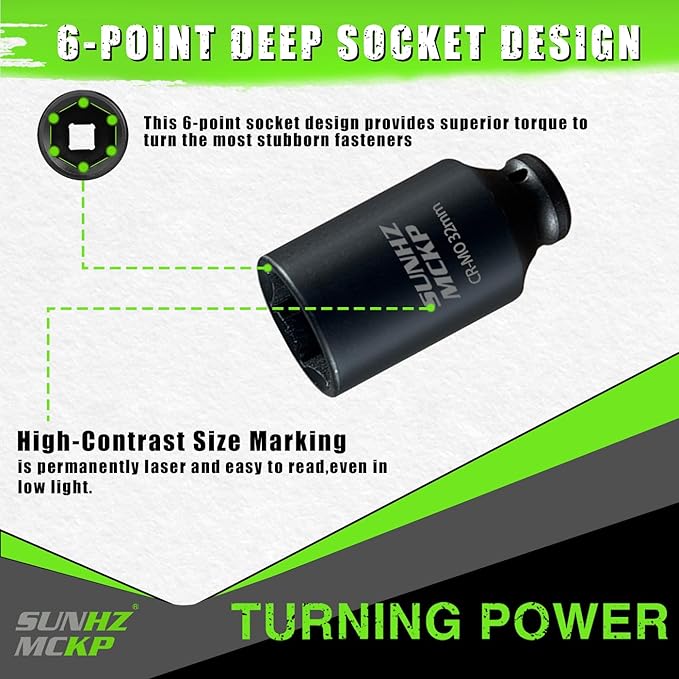 SUNHZ MCKP 32 mm Impact Socket | Metric 1/2 In Drive Axle Nut Socket | 6 Point Design | Deep Well Hub | Chrome Molybdenum Steel | Axle Shaft Nut Remover