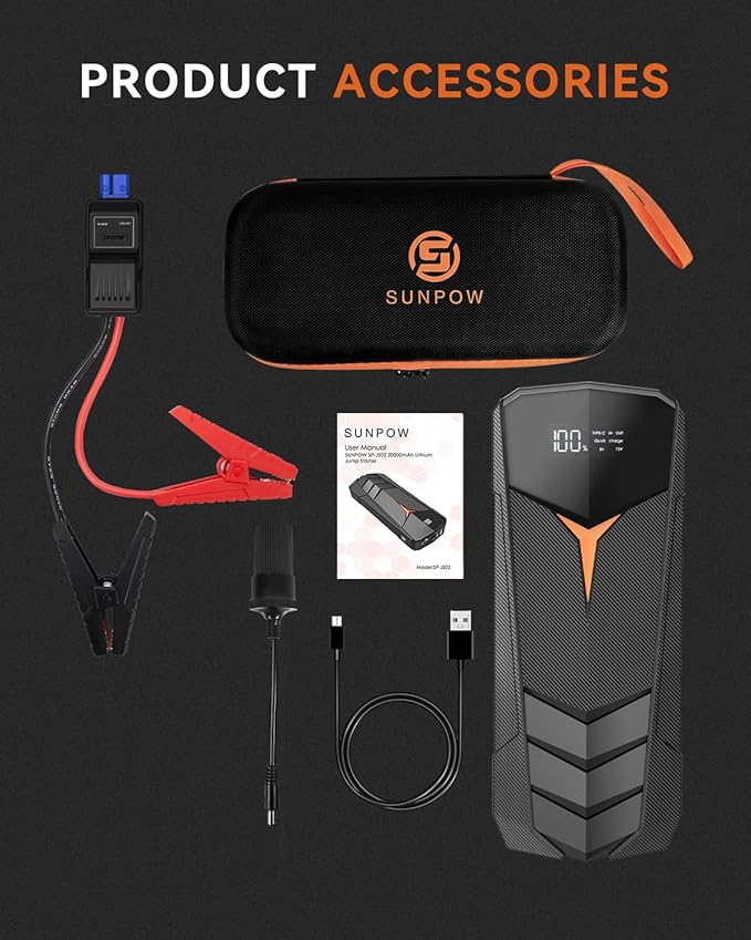 SUNPOW Lithium Jump Starter Battery Pack 2000A Peak 20000mAh (Up to All Gas and 8.5L Diesel),12V Battery Booster for Cars, Trucks, SUV, Portable Power Pack with LCD Screen & LED Light