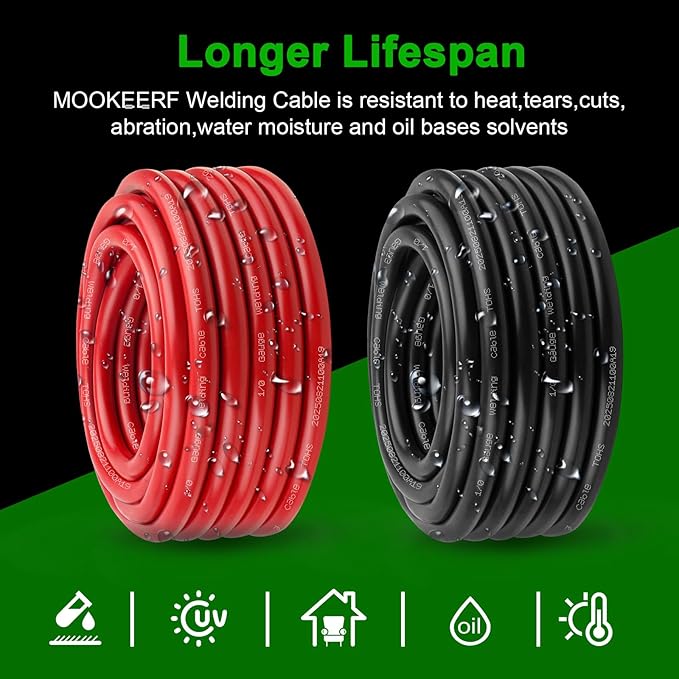 2/0 Gauge Battery Cable - 5FT Red + 5FT Black 2/0 AWG Welding Cable Flexible Stranded Oxygen-Free Pure Copper Wire for Automotive, Battery, Inverter, Solar, Marine and Generator