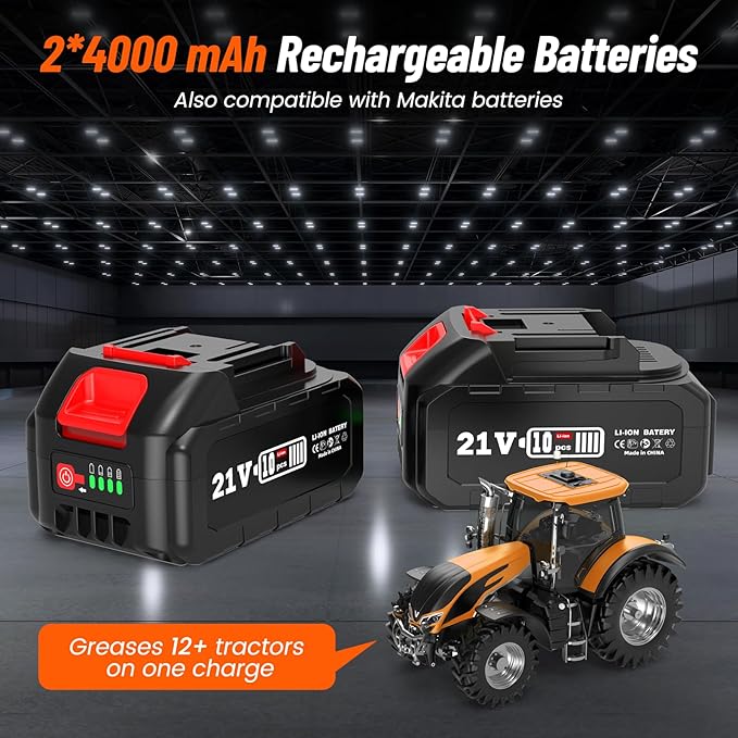 Electric Grease Gun, 10000 PSI High-Efficiency Battery Powered Grease Gun with 2 * 4.0Ah Batteries and Charger, for Farmers, Mechanics, and Equipment Owners, Orange